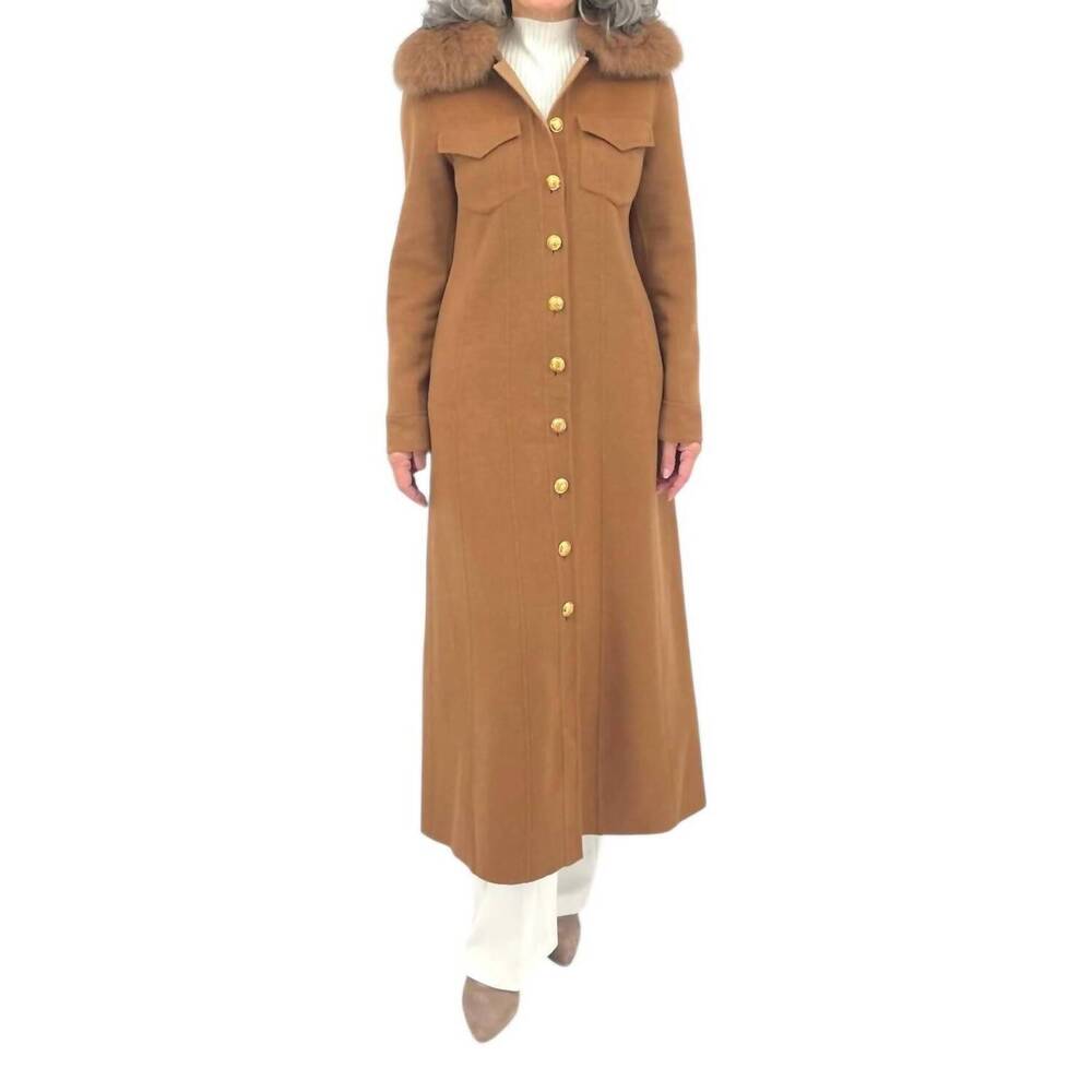NEW DIOMI motif maxi coat in dark/light camel with blue fox